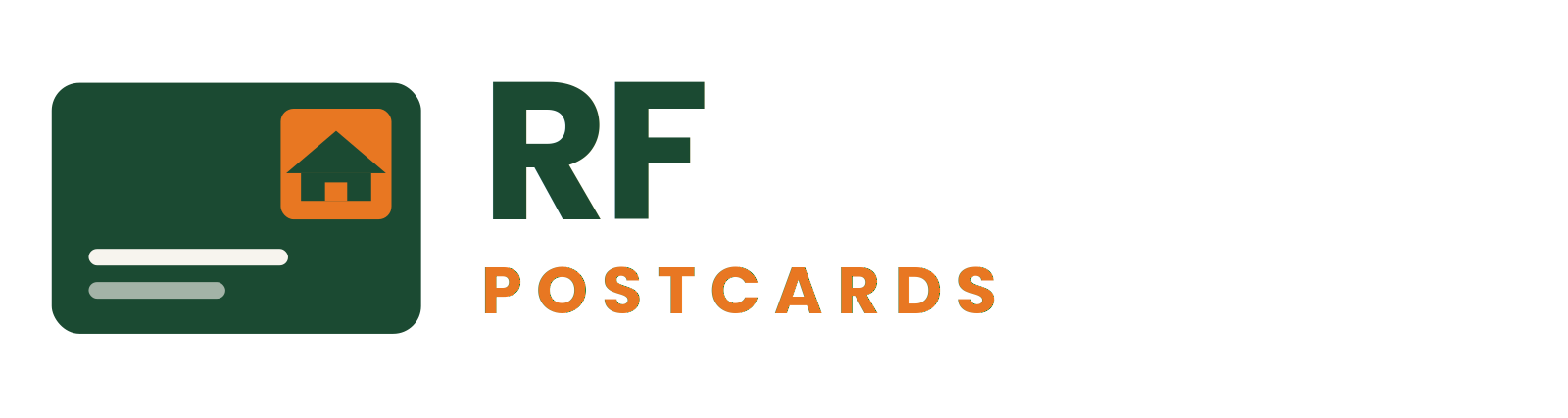 RF Postcards logo: a green postcard with an orange house icon