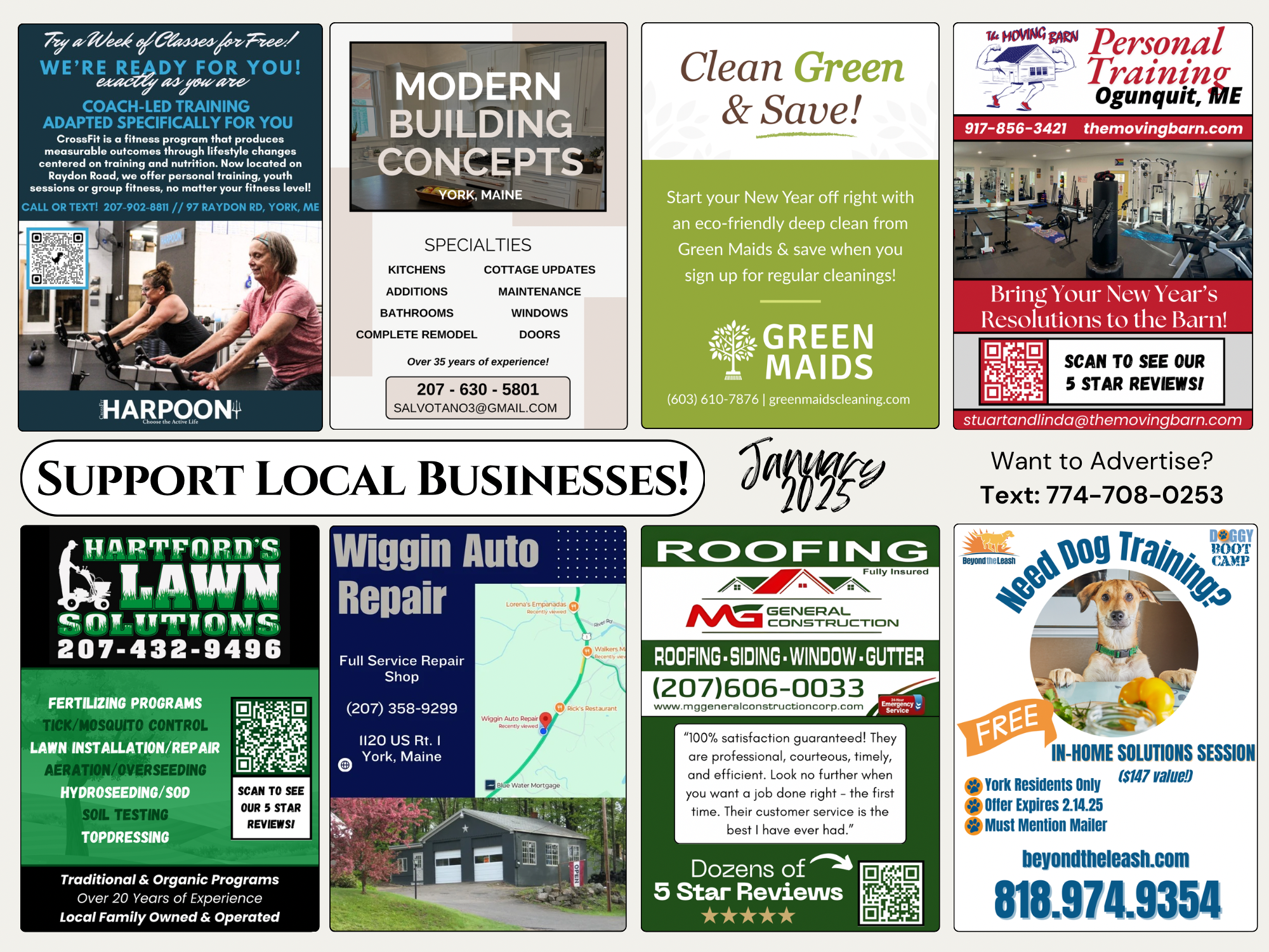 Example 9x12 card layout: eight large, full-color ad slots, four across the top and four across the bottom, separated by a center band reading Support Local Businesses.